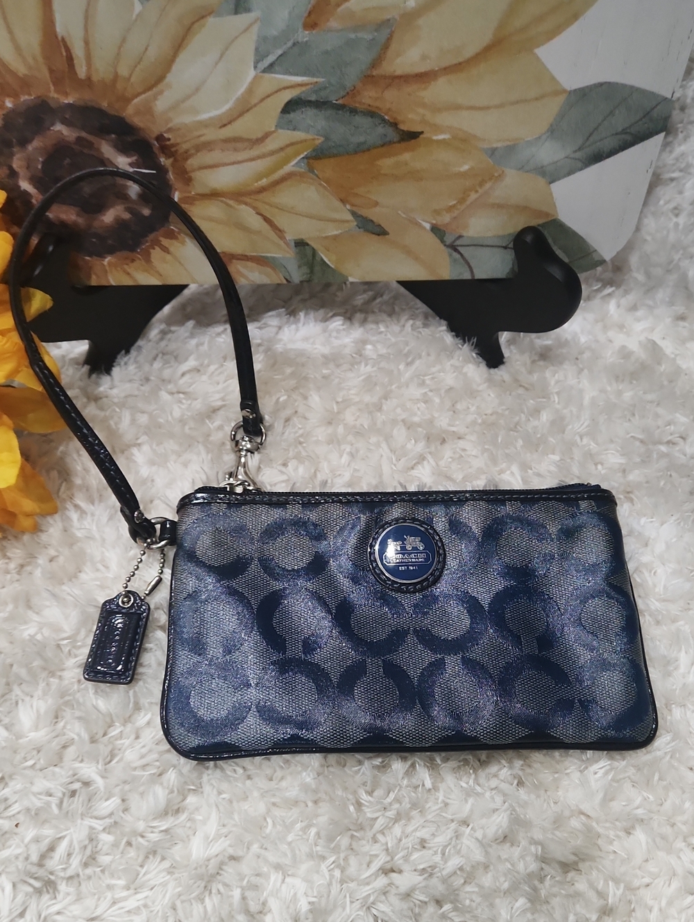 Coach Blue Signature Wristlet with Patent Trim